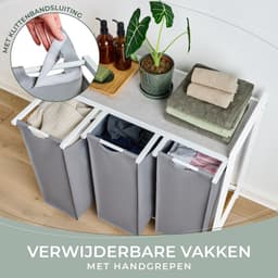 Blumtal Wasmand met 3 vakken - Wasmand met betonlook plank - Metalen frame - Wasmand met poten - Wit en grijs — thumbnail 5