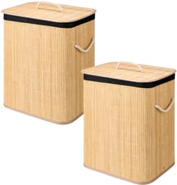 Kipit Wasmand van bamboe - 2x - zwart / bruin - 60 liter - 40 x 30 x 50 cm - met deksel - met binnendoek — thumbnail 1