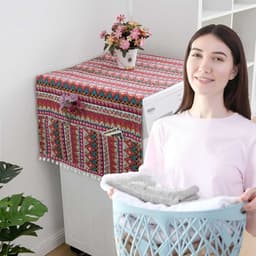 Stofhoes voor de wasmachine, wasmachinehoes met zijvakken, katoen-linnenstof in bohemian stijl, ook geschikt voor koelkasten en drogers (blauw, 70 x 170 cm). — thumbnail 2