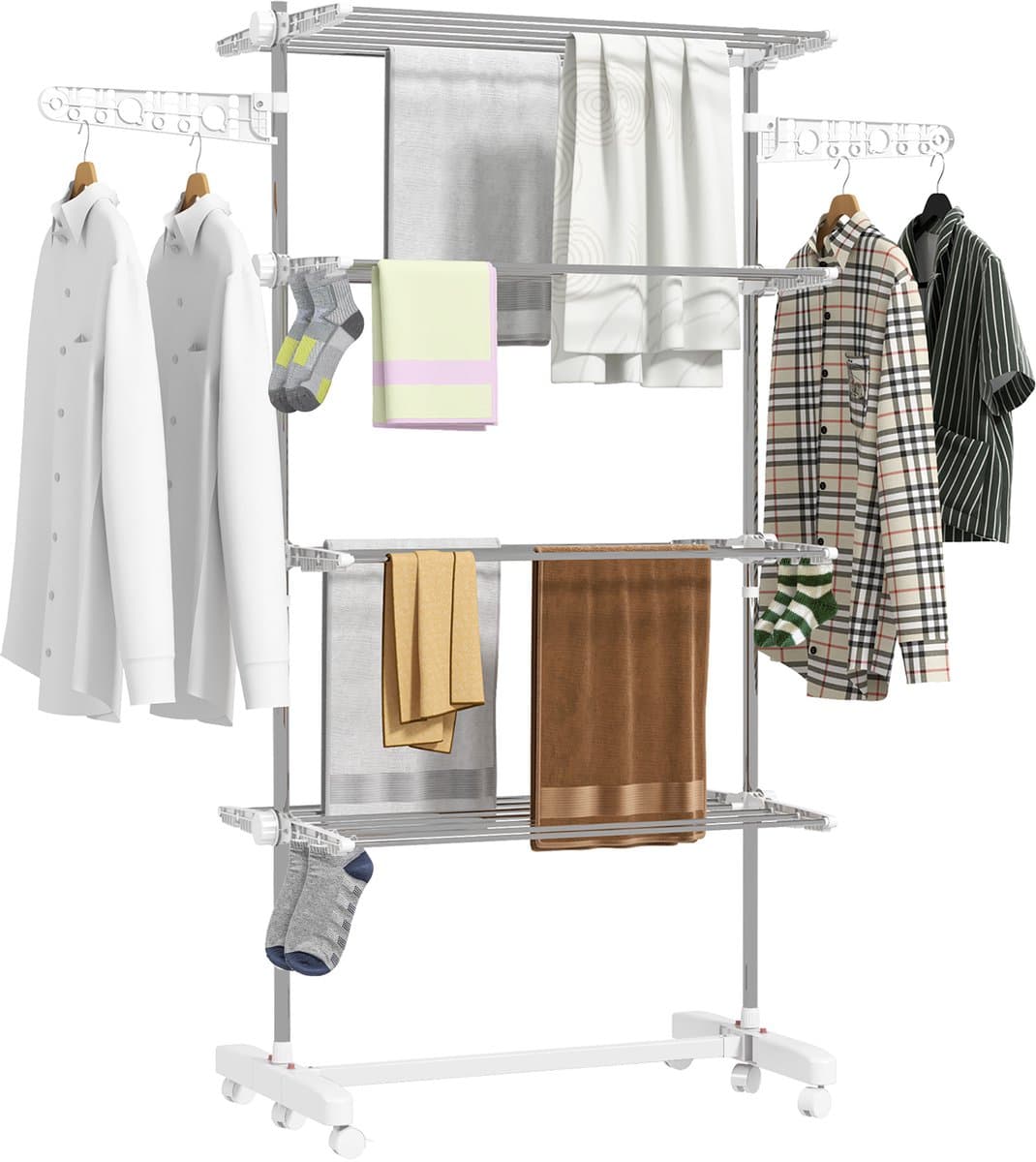 Droogrek opvouwbaar met zijvleugels binnen en buiten gebruik 142 x 55 x 172 cm 4 niveaus wit — afbeelding 1