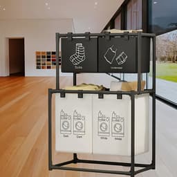 Dubbellaagse opvouwbare wasmand met 4 vakken wassorteerder met wielen zwart organizer — thumbnail 5