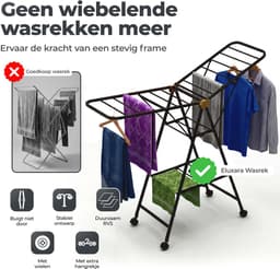 Eluxara Wasrek Deluxe – Inc. Kleine Droogmolen – Droogrek Met Wielen- 25 Meter Drooglengte - Groot Inklapbaar - 3-Laags – Kleding Wasdroogrek – Stevig RVS Frame – Modern Design – 160×47×95 cm - Zwart — thumbnail 5