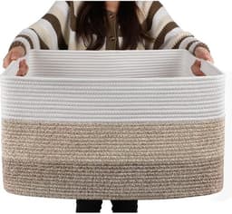 Dekentjesmand, rechthoekige geweven manden voor opslag, 65 liter - wasmand voor decoratieve kinderkamer, speelgoed, vuile kleding en tijdschriften in kasten, babykamer en woonkamer - Kaki — thumbnail 1