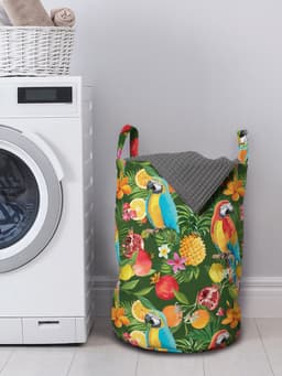 ABAKUHAUS tropische waszak, papegaaien en granaatappel, wasmand met handvatten, trekkoordje voor wasserettes, groen meerkleurig — thumbnail 3
