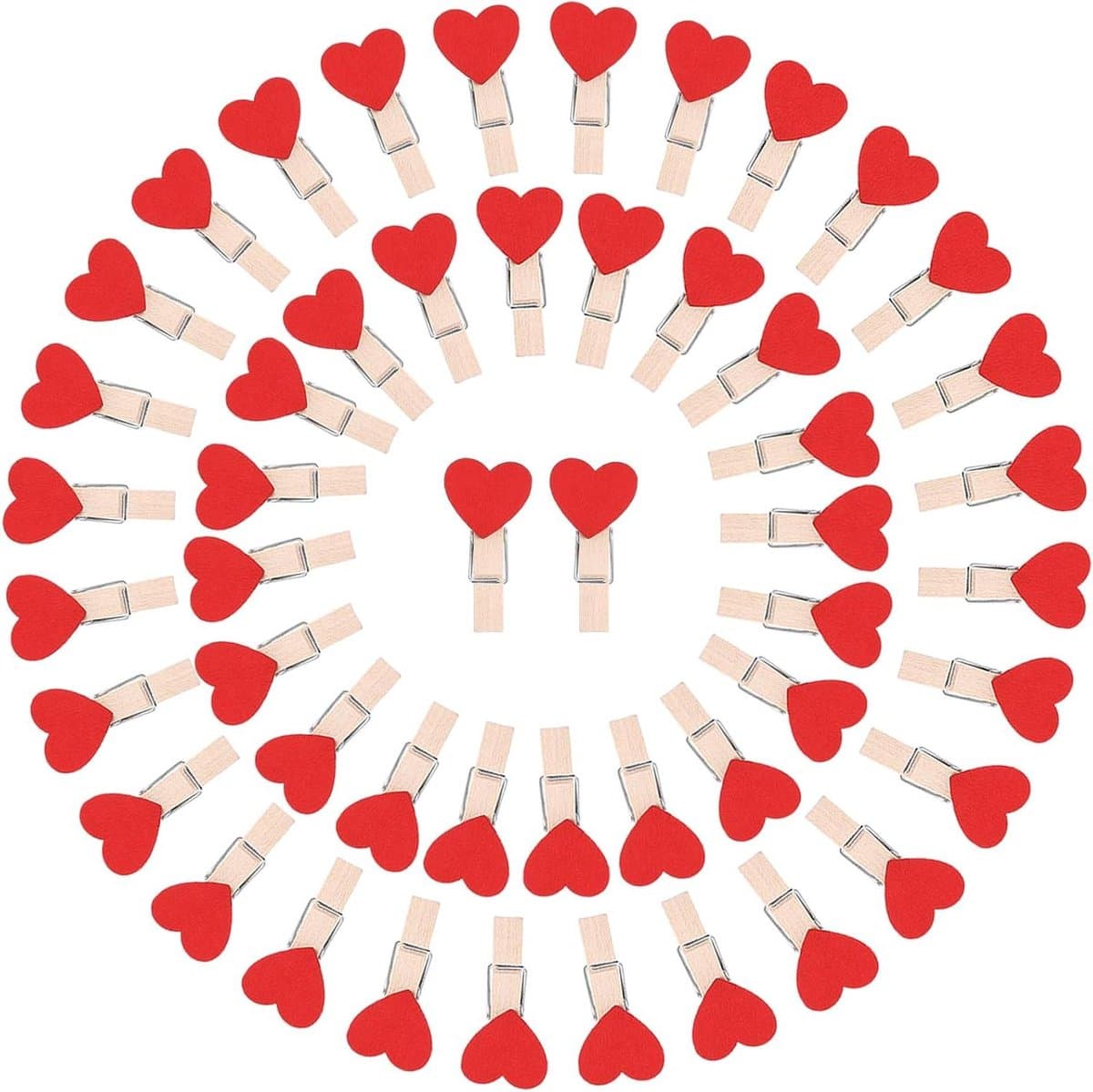 Houten knijpers hart - Mini decoratieclips - Foto's ophangen - Set van 50 stuks - 36 cm lengte - Rood — afbeelding 1