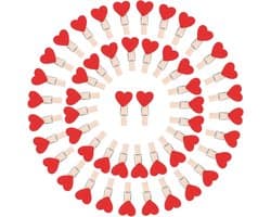 Houten knijpers hart - Mini decoratieclips - Foto's ophangen - Set van 50 stuks - 36 cm lengte - Rood