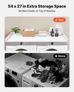 Werkblad / plank voor wasmachine en droger - Tussenblad met opstaande rand - Met haken - Extra opbergruimte - Draagvermogen 113 kg - 137 x 69,9 cm - Wit — thumbnail 3