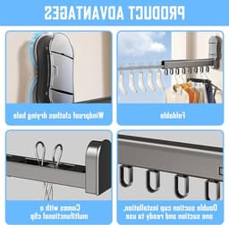 Vouwbaar wanddroogrek met zuignap, 8 haken en 5 clips - Ruimtebesparend voor binnen en buiten, grijs aluminium — thumbnail 2