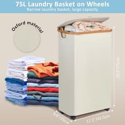75 Litre Foldable Laundry Basket with Lid - Beige Slim Basket with Wheels, Bamboo Handles and Removable Bag for Bedroom, Bathroom, Kitchen — thumbnail 5