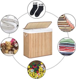 CHIWIN Wasmand met 3 Vakken –Bamboe Grote Wasverzamelaar 150L – Handgeweven Wasmand met Deksel & Handgrepen – Opbergmand voor Badkamer, Slaapkamer & Wasruimte – 60x40x61,5cm — thumbnail 5