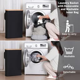 60 liter wasmand met deksel en handvat - Opvouwbaar en afneembare binnenzak - Smal ontwerp voor slaapkamer, badkamer en wasruimte (zwart) — thumbnail 5