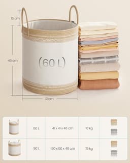 Wasmand 60 L Opbergbak met Deksel Katoenen Touw Handvat Trekkoord voor Kleding Dekens Woonkamer Slaapkamer 41 x 41 x 46 cm Kameelbruin RLH060K01 — thumbnail 2
