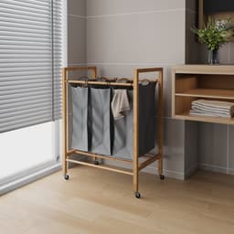 MEUNIQ bamboe wassorteerder met 3 vakken, uitneembare waszakken en wielen – 90 liter wasmand voor badkamer, slaapkamer of wasruimte – antraciet/naturel — thumbnail 1