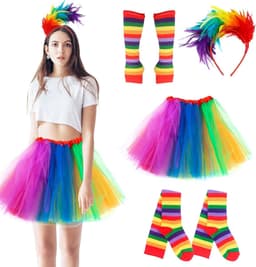 4 stuks regenboog dameskostuum, carnaval regenboog kostuum dames, met regenboog tule rok, kleurrijke veren hoofdband, regenboog-kniekousen, vingerloze handschoenen, voor carnaval, cosplay — thumbnail 1
