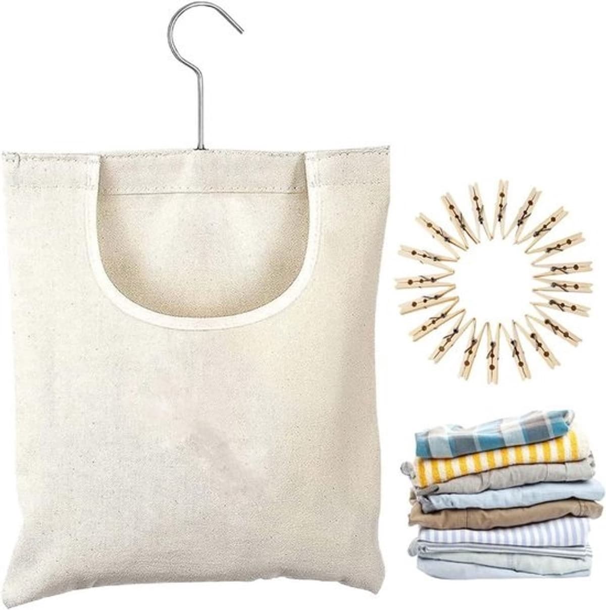 Wasknijper-opbergtas - Canvas zakje - Voor wasgoed organiseren - 360 graden draaibaar - 32x27cm - Beige — afbeelding 1