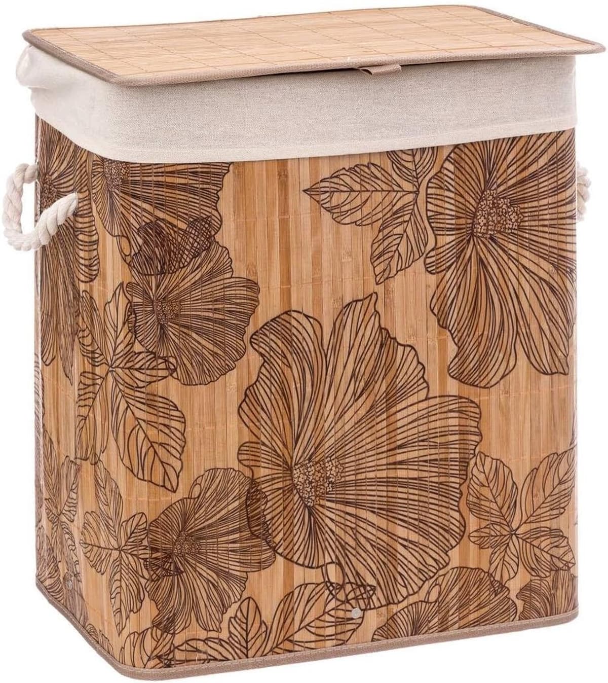 Wasmand van bamboe en ecru stof, 50 l, decoratie Blackflora FIVE-174702A — afbeelding 1
