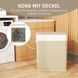 DESMIU Wasmand – 100 Liter – Met Deksel En 2 Vakken – Bamboe – Wit – Uitneembare Waszak Met Zijgrepen Voor Wasgoed Sorteren — thumbnail 3