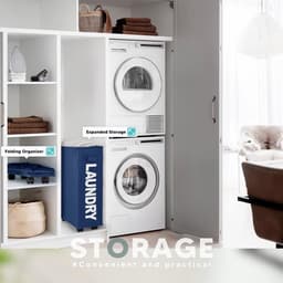 Wasmand 43L Opvouwbare Dunne Wasverzamelaar Met Wieltjes - Oxford Vuile Kleren Opbergmand - Smal, Inklapbaar Met Handvat, Wielen, Netdekking en Trekkoord (Donkerblauw) — thumbnail 4