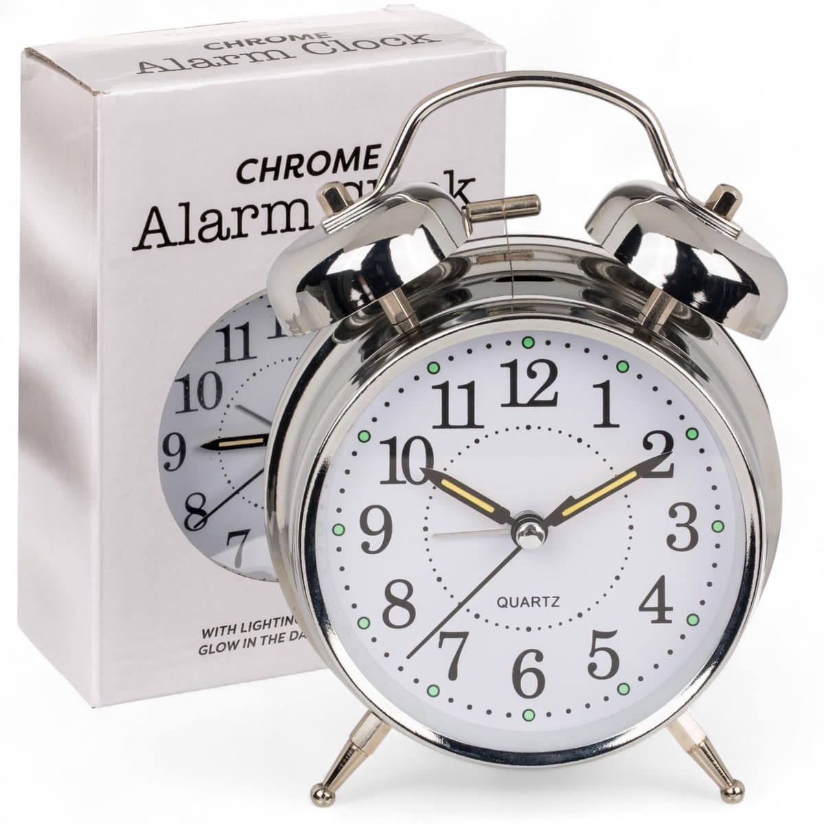 Retro Alarmklok - Analoge Klok - Metaal - Chroom - Ã˜ 10 x 16 cm - Tafelklok met Dubbele Bel - Nachtlamp - Quartz Beweging — afbeelding 1