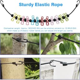 Draagbare waslijn - 2-pack reiswaslijn met 12 kleurrijke clips - verstelbare campingwaslijn - elastische intrekbare waslijn voor binnen en buiten - wasaccessoires — thumbnail 3