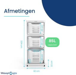 Wasophoogte Wasmand 3 vakken - Wit - Wassorteerder 3 vakken - Laundry basket met wieltjes - wasbox — thumbnail 2