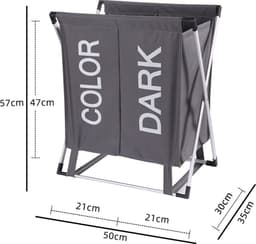 Wassorteerder - 60 L - Wasmand 2 Vakken - Opvouwbare Wasmanden - Wassorteerder 2 vaks - Aluminium Frame - Grijs — thumbnail 3
