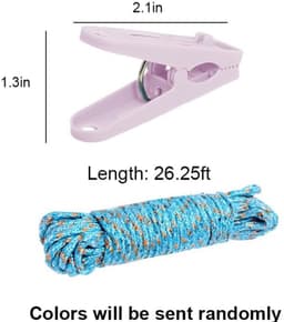 1 set - Draagbare waslijn - met 12 klemmen + touwset - Gekleurde plastic kleding- en sokkenklemmen - Windbestendige en wegwaaibestendige klemmen voor buiten - Diverse kleuren — thumbnail 4