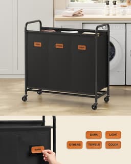 SONGMICS RLS330B01 - Wasmand met Wielen - 3 Vakken - Verrijdbare Wasverzamelaar - Met 5 Labels — thumbnail 5