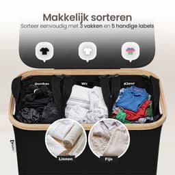Wasmand 3 Vakken - Wassorteerder met Deksel - Wasbox op Wielen - 160L — thumbnail 4