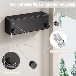 PLAY IT Waslijn Uittrekbaar 8.4 meter Zwart - 2x 4.2 meter - Wanddroogrek - Wasrek — thumbnail 5
