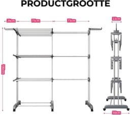 Uitschuifbaar droogrek - wasrek van 3 etages met 6 inklapbare vleugels - lengte 66-130 cm - inklapbaar wasrek voor binnen en buiten - grote gezinnen — thumbnail 4