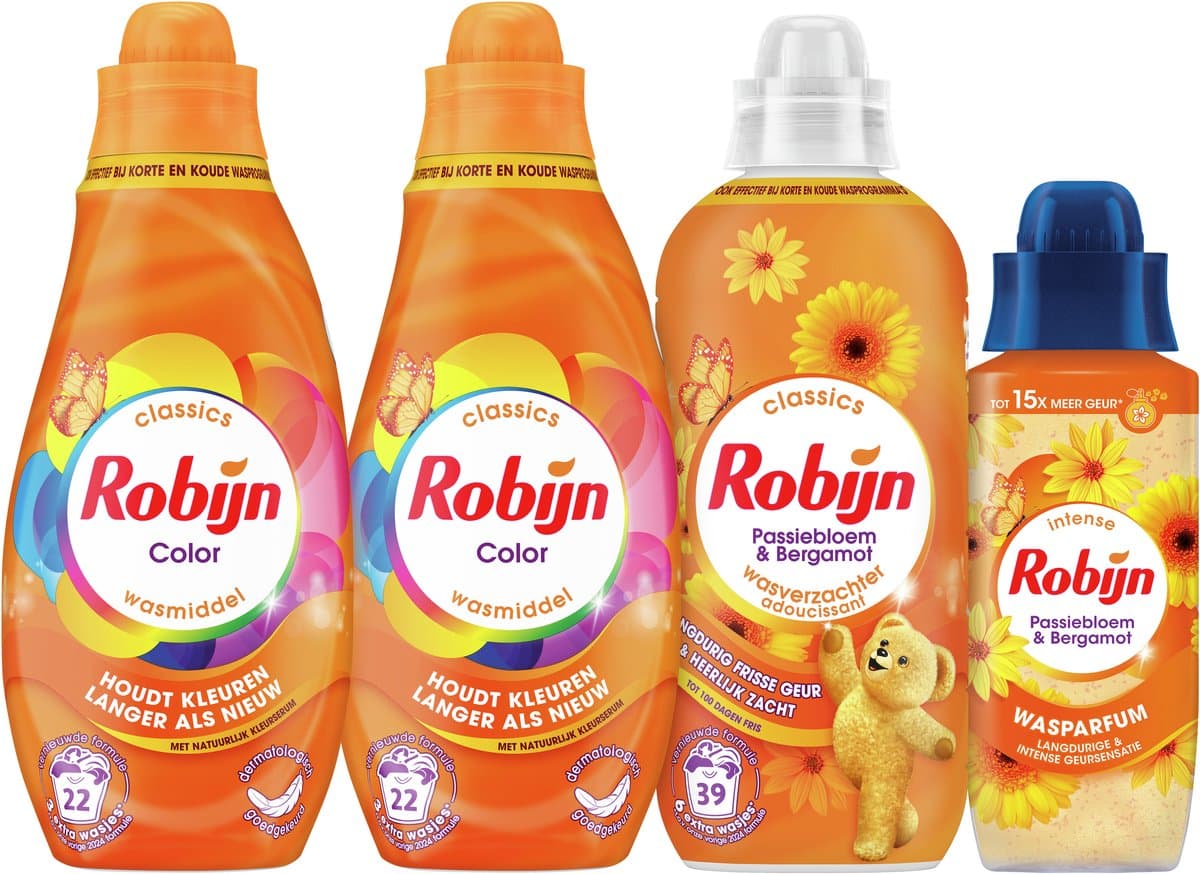 Robijn Perfect Match - Passiebloem & Bergamot - 4 stuks - 2x wasmiddel + 1 wasverzachter + 1 wasparfum - Voordeelverpakking — afbeelding 1
