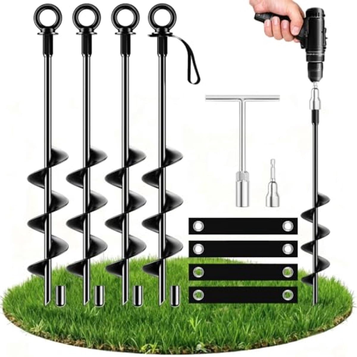 Grondankerset 45 cm - 4 stuks met T-sleutel en booraccessoire voor stevige bevestiging buiten — afbeelding 1