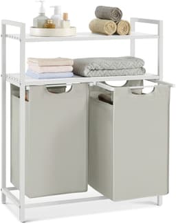 Wasmand 2 Vakken - Wassorteerder - Met 2 Planken - Uittrekbare Waszakken - 92L Capaciteit - Wit — thumbnail 1