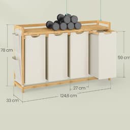 Wasmand 4 Vakken - Bamboe Laundry Sorter - 200L - Met Opbergplank & Zijvakken - Wit — thumbnail 2