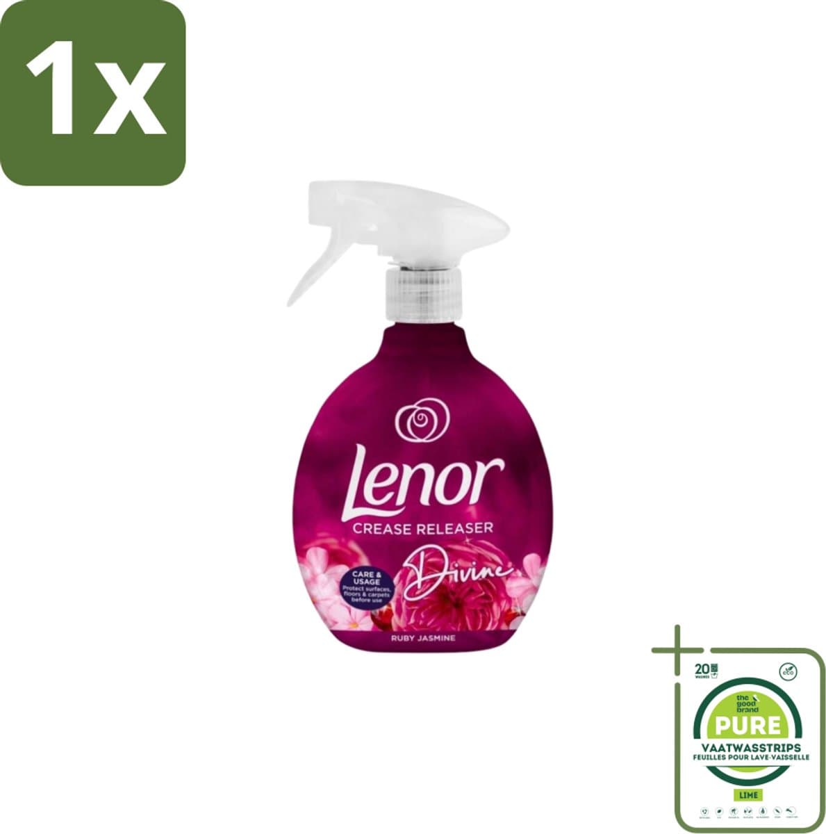 1 x Lenor – Crease Releaser Spray – Divine Ruby Jasmine – Kreukverwijderaar & Textielverfrisser – 500 ml - Kreukverwijderaar - Textielverfrisser - Crease Releaser - Kleding Opfrissen - Ruby Jasmine Geur — afbeelding 1