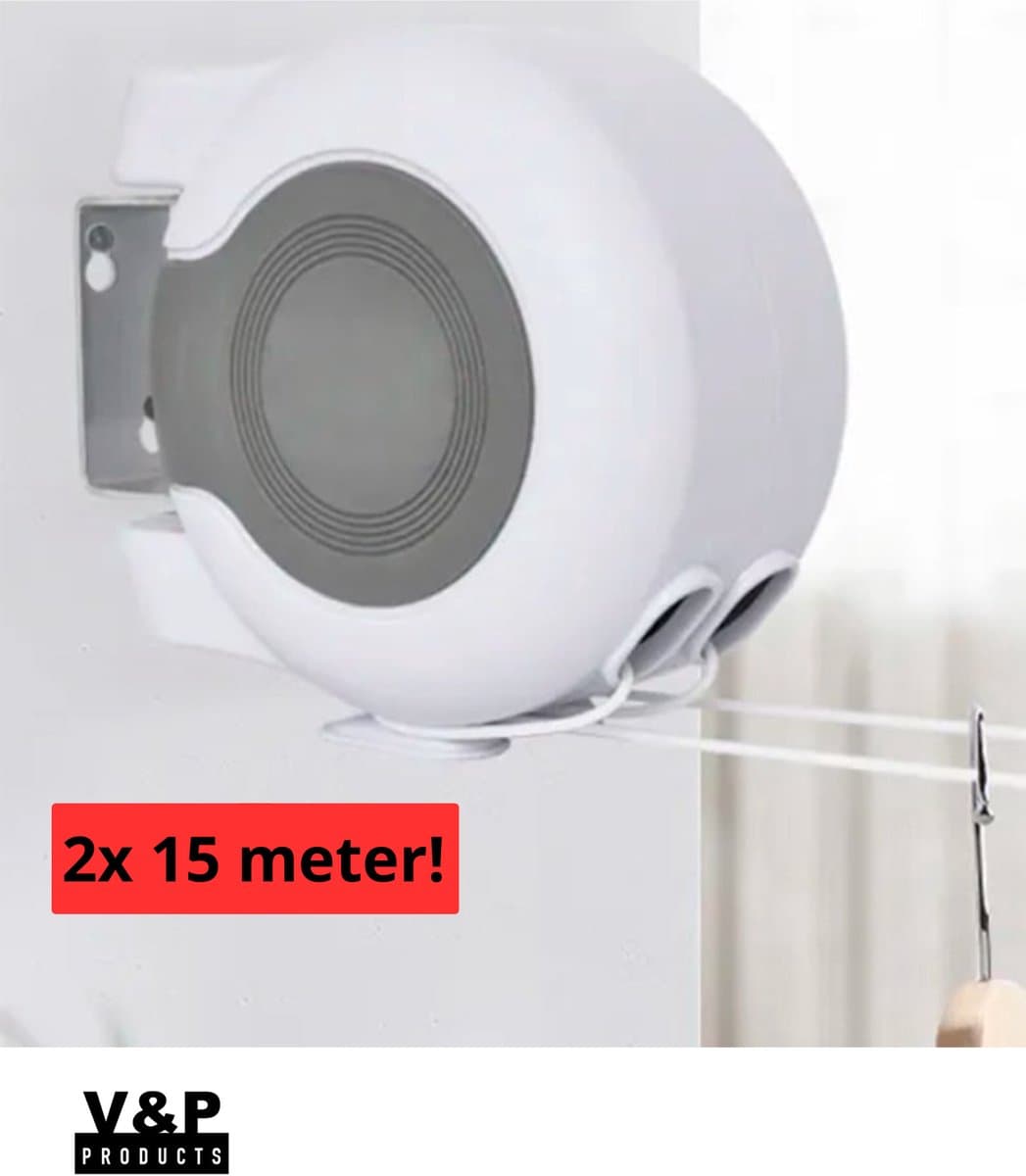 V&P Products® Waslijn uittrekbaar wit - Waslijndraad - 2x 15 meter - Wasdraad - Uittrekbare Waslijn - Roldrooglijn voor buiten en binnen - automatische waslijn - wand droogrek — afbeelding 1