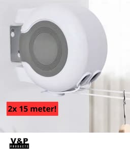 V&P Products® Waslijn uittrekbaar wit - Waslijndraad - 2x 15 meter - Wasdraad - Uittrekbare Waslijn - Roldrooglijn voor buiten en binnen - automatische waslijn - wand droogrek — thumbnail 1