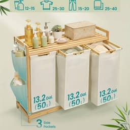 3-Vakken Wasmand met Plank en Zijvakken – Tot 150L – 3×50L Waszakken – 94×33×78 cm – Was Sorteerder — thumbnail 3
