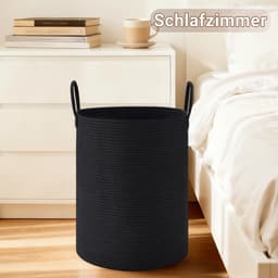 Wasmand - Opbergmand - 58L Rond - Gevlochten Katoen met Handvatten - Voor Wasgoed, Speelgoed en Dekens - Kinderkamer en Woonkamer - Zwart — thumbnail 4