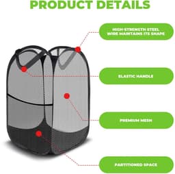 3x Opvouwbare wasmand 36x36x58 cm – Pop-up wasmand zwart – Draagbare wasgoed mand van netstof voor badkamer en camping — thumbnail 2