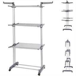 Dailygoods Opvouwbaar droogrek met wielen, roestvrijstalen droogrek met grote capaciteit, drielaagse opvouwbare vleugels — thumbnail 2