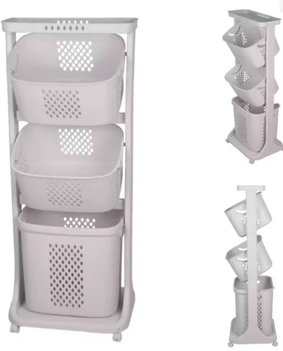 Verrijdbare Wasmand Organizer - 3-Laags Wasbakkenrek met Wieltjes - Badkamer Opbergrek - Wit - 109 cm hoog — afbeelding 1