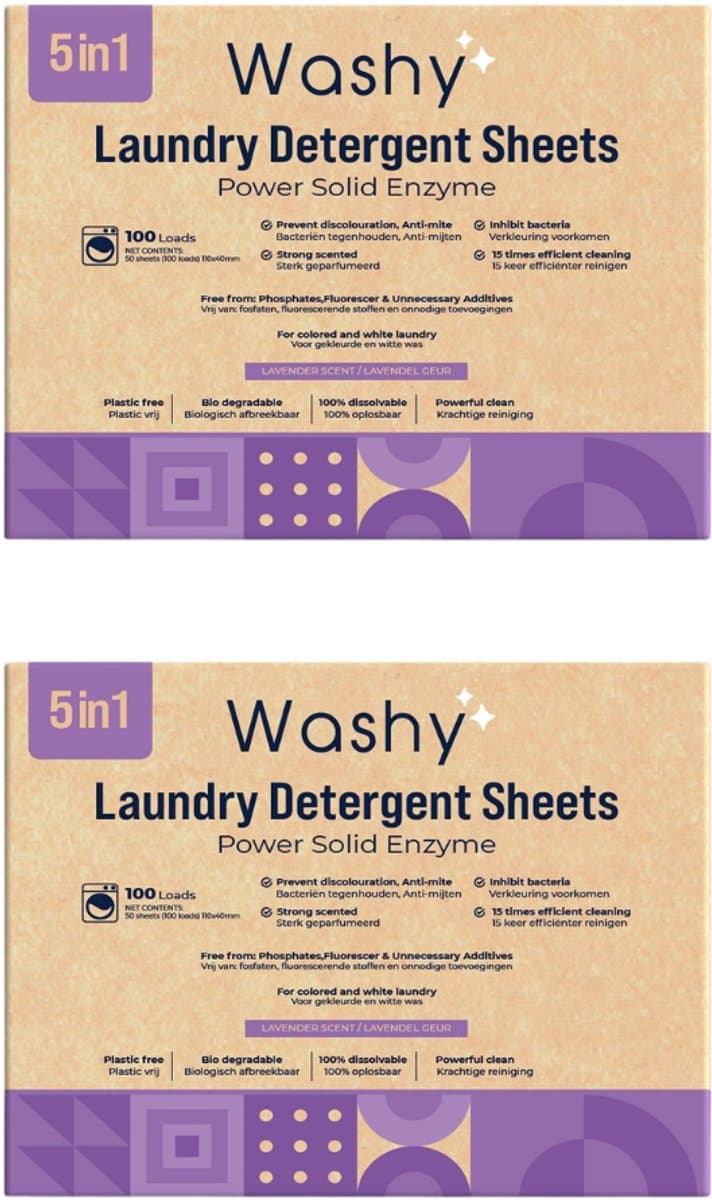 Washy Wasstrips Lavendel 2X- Wasmiddeldoekjes voor Witte, Gekleurde en Zwarte Was - Wasmiddel Strips - Eco Wasmiddel Vellen - Duurzame Laundry Strips (200 wasbeurten) — afbeelding 1
