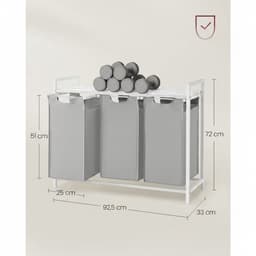 Witte Wasmand met 3 Vakken – Afneembare Waszakken & Plank – Metalen Frame – 3×38 L — thumbnail 2