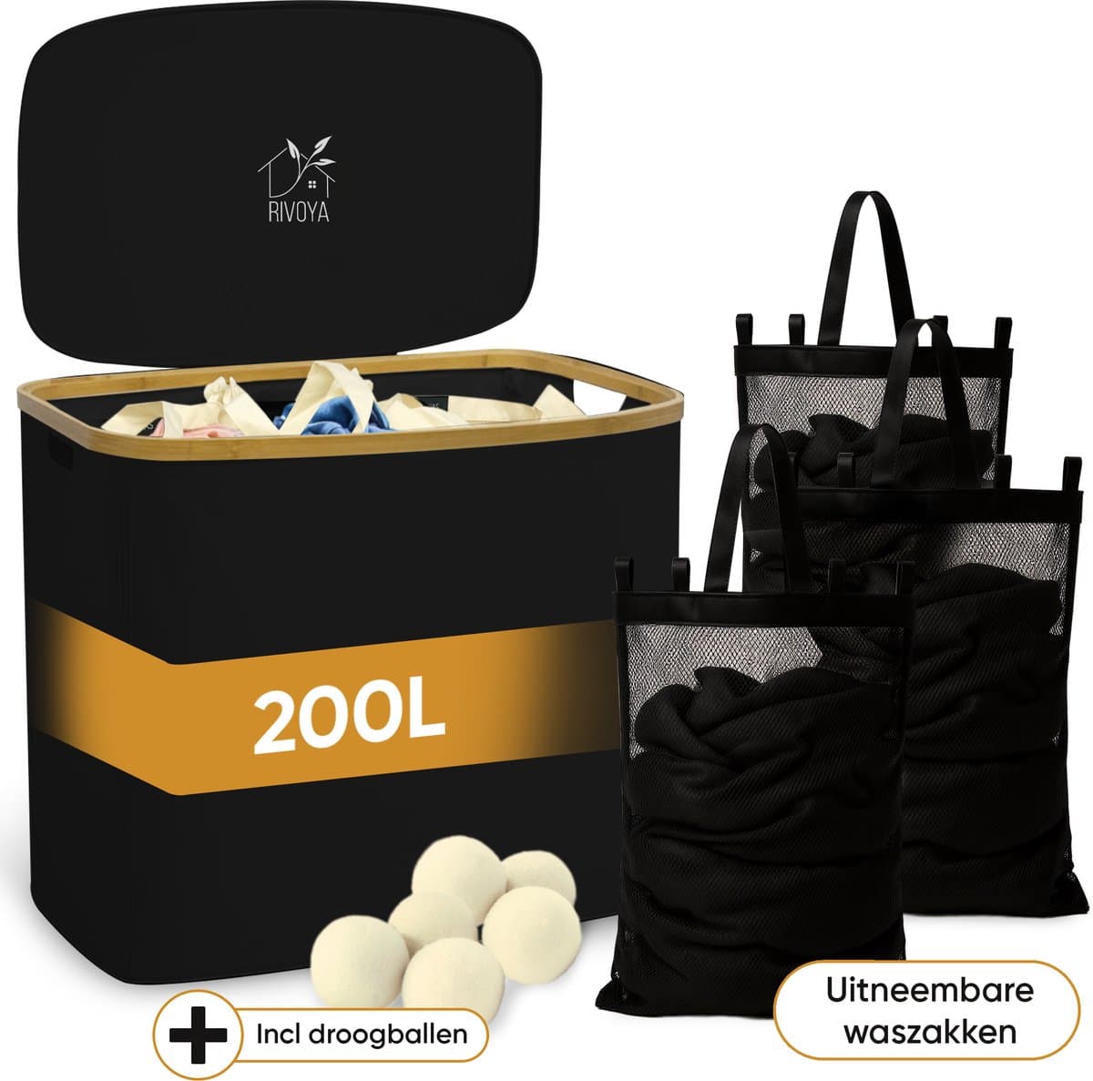 Rivoya Wasmand 3 Vakken - Wassorteerder - XXL 200L - Met 3 Uitneembare Zakken - Wasmand met deksel - Laundry basket - Extra grote capaciteit - Waszak - Wasbox - Zwart - incl Drogerballen — afbeelding 1