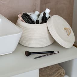 Ronde opbergmand met deksel van katoen voor badkamer, crème, 25,5 x 19 cm, hoog model — thumbnail 4