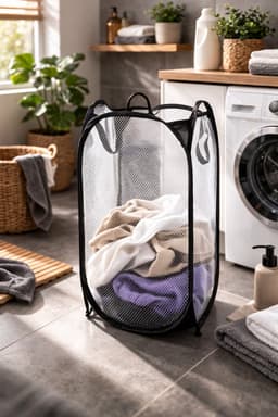 Opvouwbare Wasmand 36x36x59 cm – Met Stalen Frame & Ademend Polyester Gaas – Lichtgewicht met Handvatten – Zwart — thumbnail 3