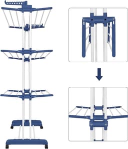 Wasrek Toren - Droogrek Inklapbaar - Grote Was Drogen - Uittrekbare Zijkanten - 64x75x170 cm - Blauw Wit — thumbnail 4