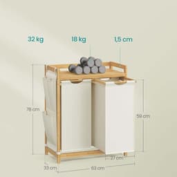 Dubbele compartiment wasmand 63x33x78cm naturel+wit Grote capaciteit 2x50L Voor gesorteerd opbergen Met plank, zijvak en afneembare waszak Stevig bamboe frame Voor thuis, slaapkamer en woonkamer — thumbnail 2